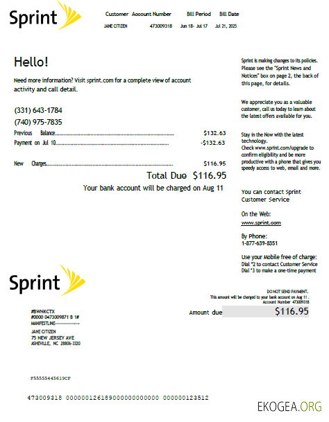 USA Sprint utility bill template in Word and PDF formats, version 2
